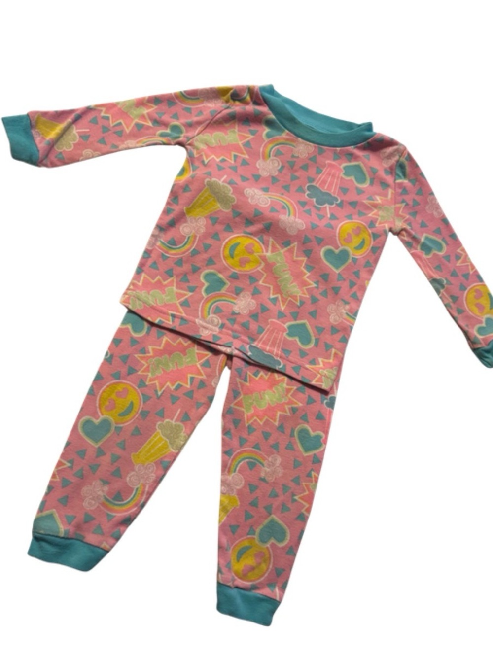 Kidgets Pink Rainbow Hearts & Smiley Pajama Set with Teal Trim